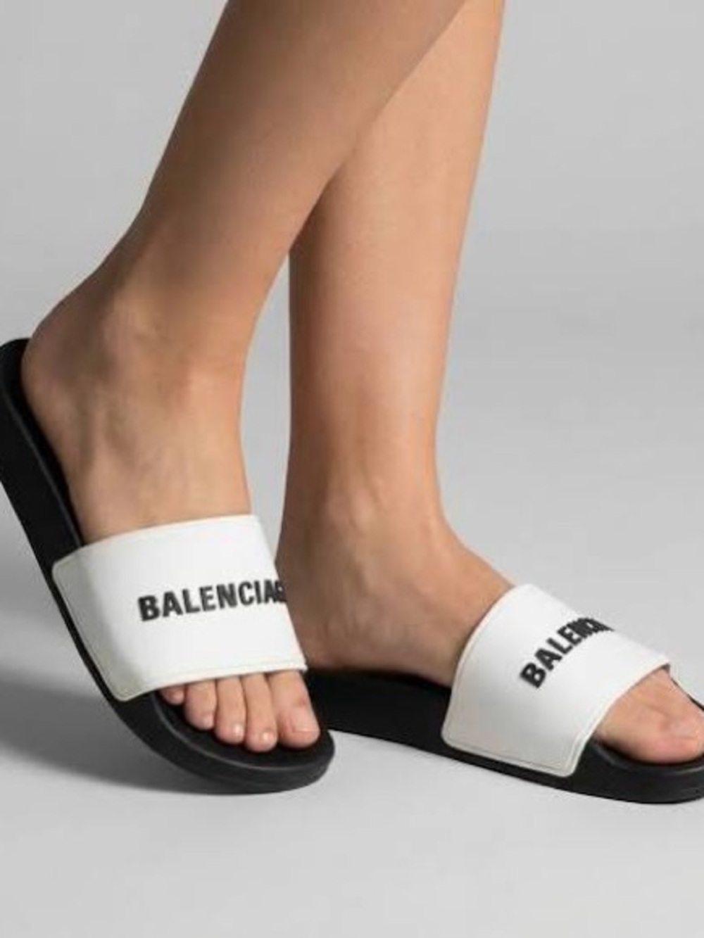 Balenciaga White and Black Logo Slide Sandals for Women